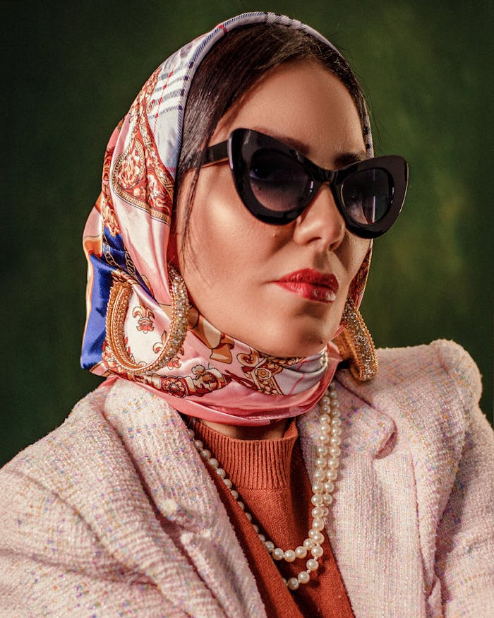 services-02 Stylish woman wearing sunglasses, silk headscarf, and pearls, exuding vintage elegance.