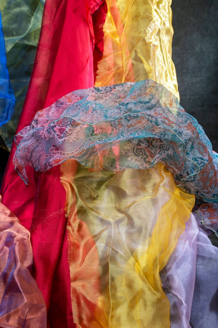 services-03 Vibrant silk fabrics in various colors and patterns showcase texture and artistry.