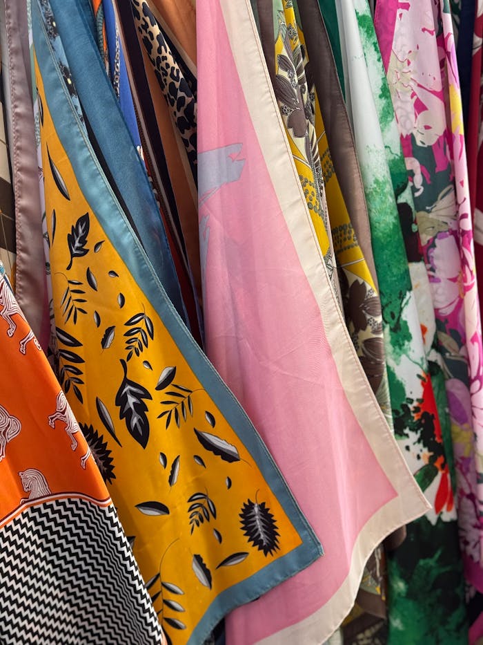 services-img Vibrant collection of diverse patterned fabrics in various colors hanging in layers.